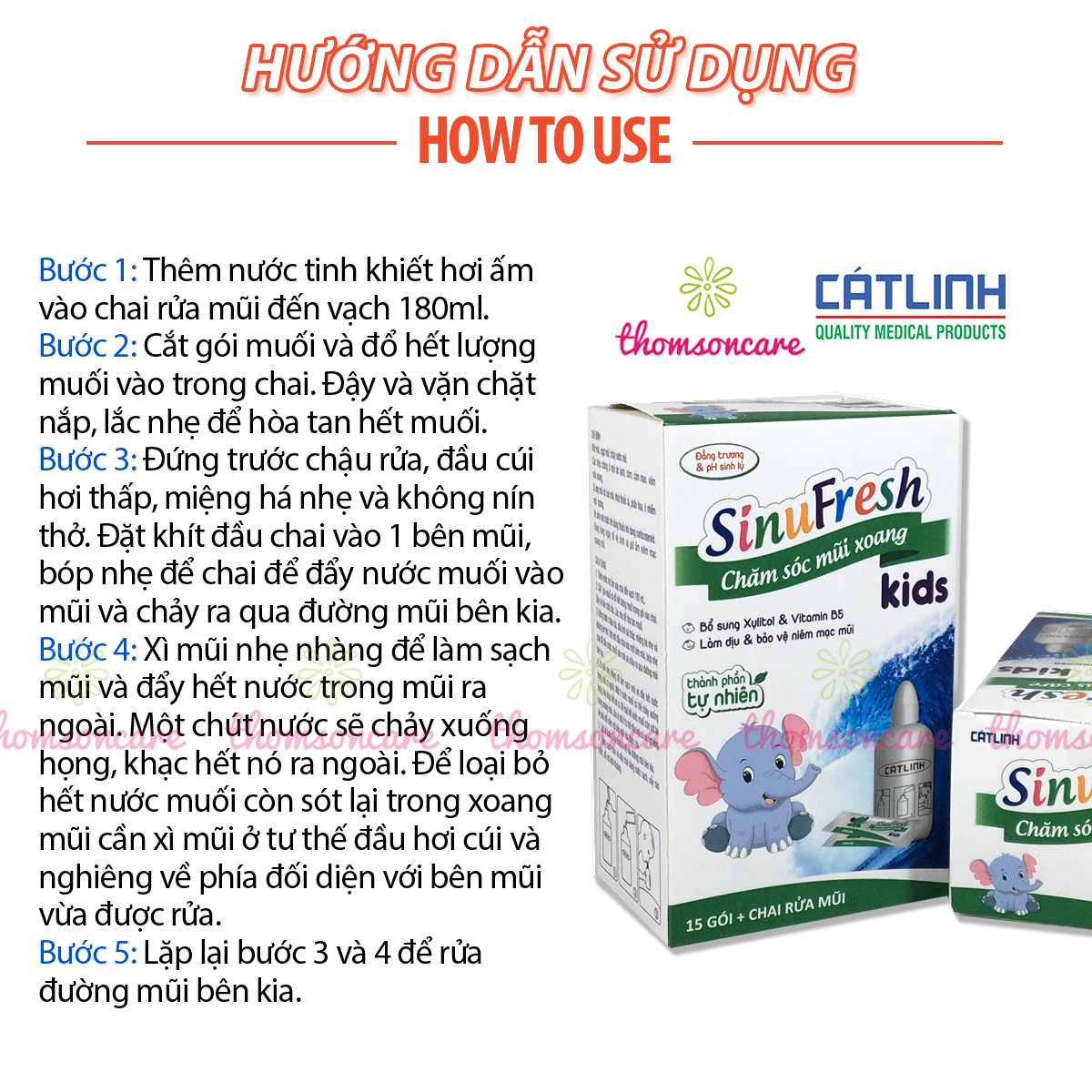 Bình rửa mũi cho bé Sinufresh Kids Cát Linh - Chai 180ml tặng kèm 15 gói muối nano - Dụng cụ có van điều chỉnh