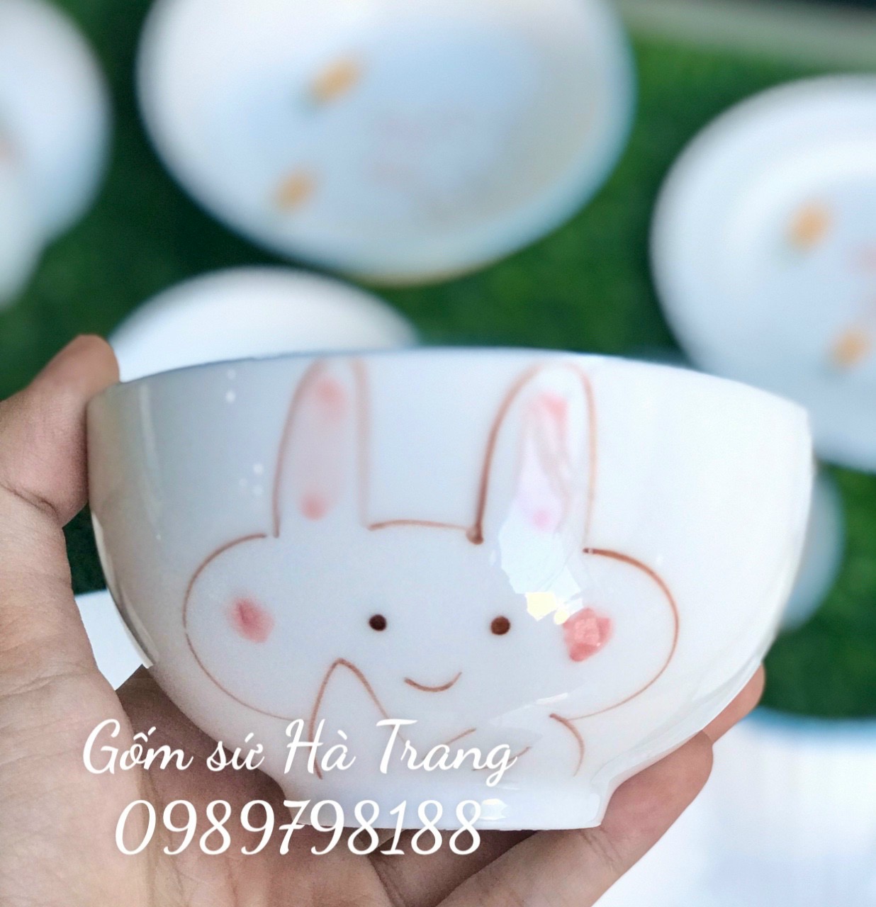 Combo 10 bát cơm gốm sứ Bát Tràng cao cấp không chì vẽ hoạ tiết thỏ
