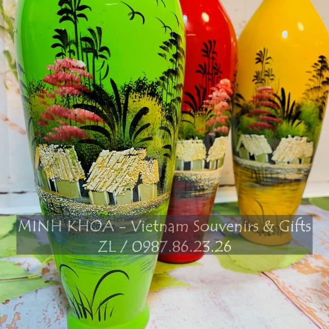 Cặp Bình Lọ Sơn Mài Miệng Bé Vẽ Cảnh Đồng Quê Việt Nam 29 cm - Vietnamese Lacquer Vase