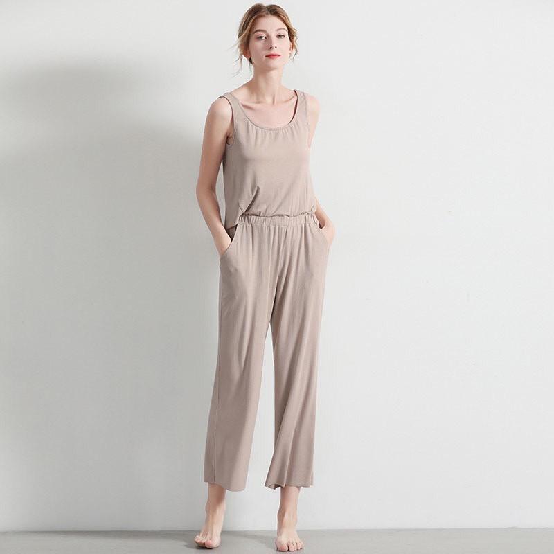 Đồ bộ mặc nhà nữ áo liền quần ống suông rộng không tay cho mùa hè vải thun modal mềm mịn, co giãn (C311)