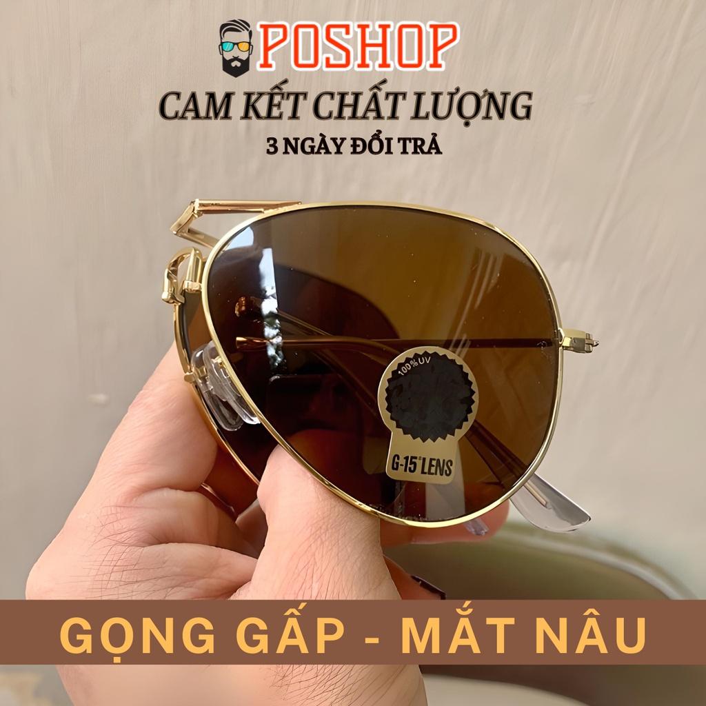 Kính mát nam nữ POSHOP gọng kim loại gấp xếp gập gọn kiểu phi công cổ điển tròng thuỷ tinh cường lực chống uv400 R3479