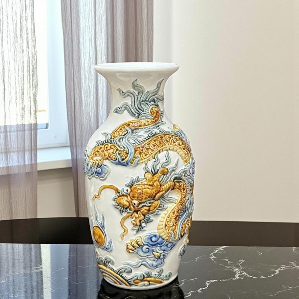 Bộ sứ thờ men trắng RỒNG VIỆT - gốm bát tràng đắp nổi rồng phượng tinh xảo cho ban thờ thần tài
