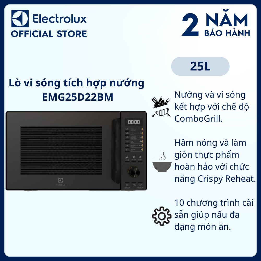 Lò vi sóng để bàn Electrolux tích hợp nướng đối lưu 25L UltimateTaste 500 EMG25D22BM, Hâm nóng và làm giòn, 10 chương trình cài sẵn [Hàng chính hãng]