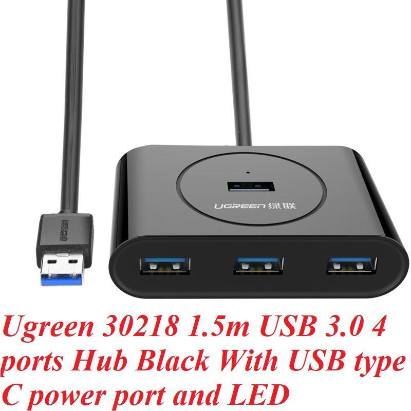 Ugreen UG30218CR113TK 1.5M Màu Đen Bộ chia Hub USB 3.0 sang 4 cổng USB 3.0 có đèn LED, có cổng cấp nguồn Type-C PD - HÀNG CHÍNH HÃNG