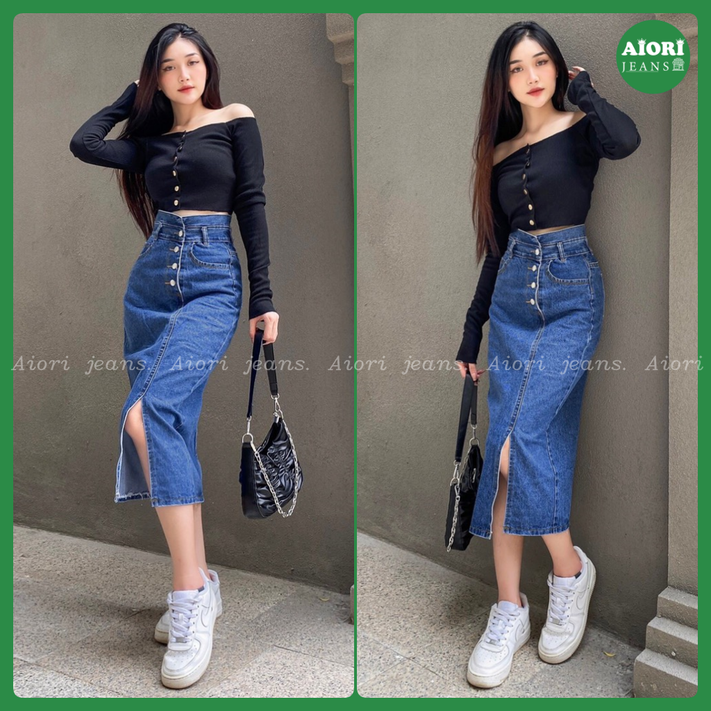 Chân Váy Jeans Aiori Denim Chữ A Lưng Cao Ôm Dáng Xinh Xắn Lưng Kiểu 4 Nút Theo Phong Cách Hàn Quốc_Mã V002 - Xanh Đậm