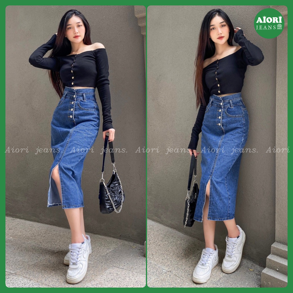 Chân Váy Jeans Aiori Denim Chữ A Lưng Cao Ôm Dáng Xinh Xắn Lưng Kiểu 4 Nút Theo Phong Cách Hàn Quốc_Mã V002