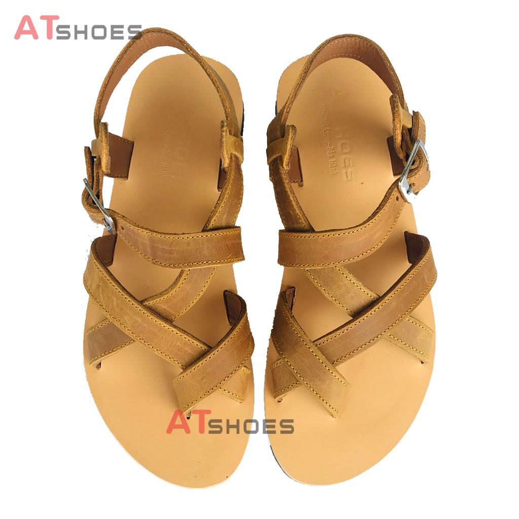 Dép Sandal Unisex - Da Bò Sandal xỏ ngón nam nữ chuẩn kiểu HQ Trẻ Trung Atshoes AT40 (Vàng)