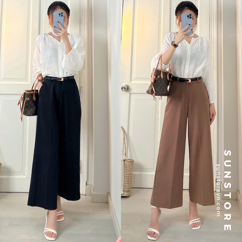 Quần lửng ống rộng nữ culottes lưng cao cạp cao vải dáng suông màu nâu và đen - Sunstore - Đen, Đen