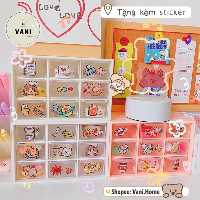 Tủ nhựa mini 9 ngăn đựng trang sức, phụ kiện decor bàn học tặng kèm sticker siêu xinh - Kệ 9 ngăn đựng đồ mini để bàn