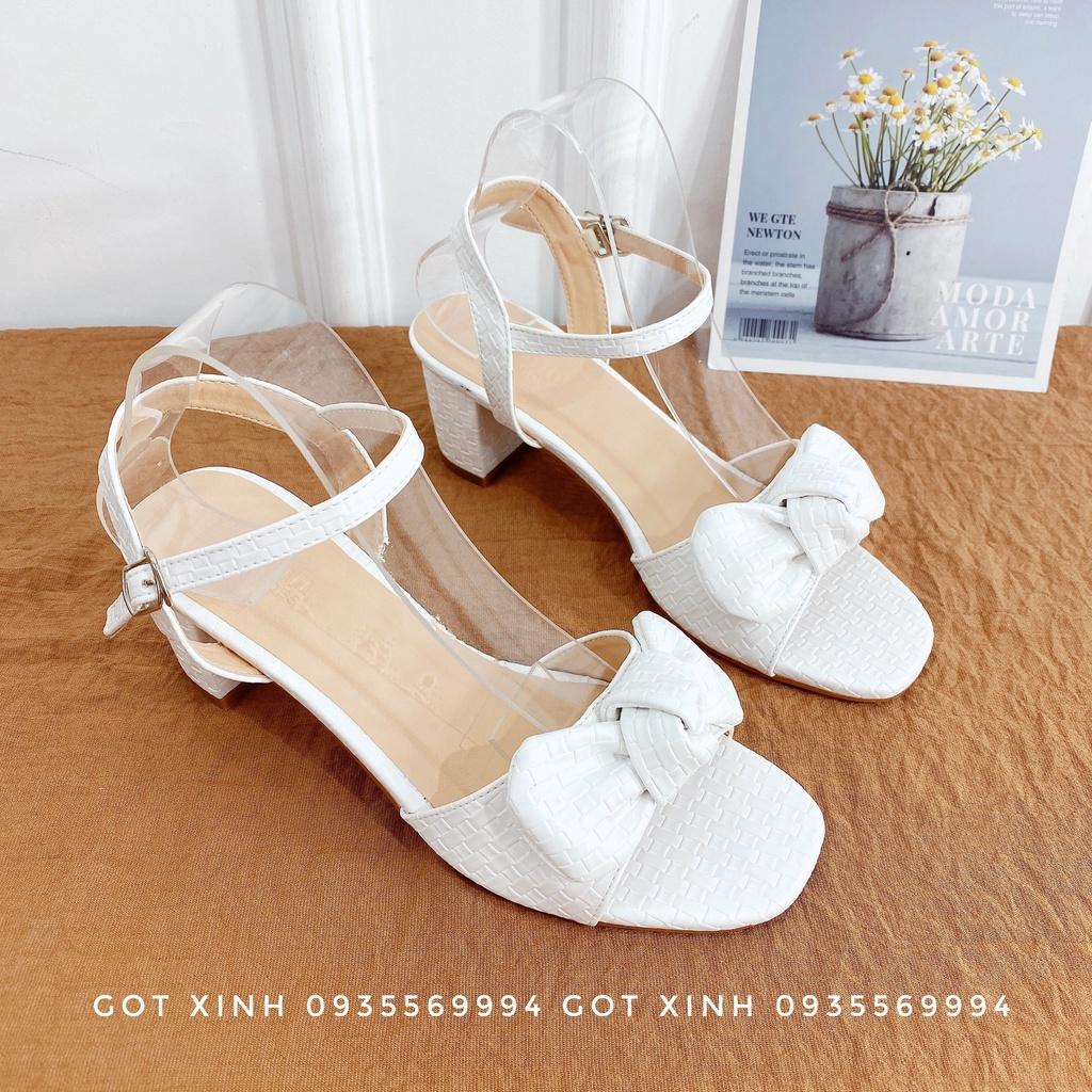 Giày sandal cao gót nữ 7cm GÓT XINH GD17 quai phối nơ đế trụ vuông