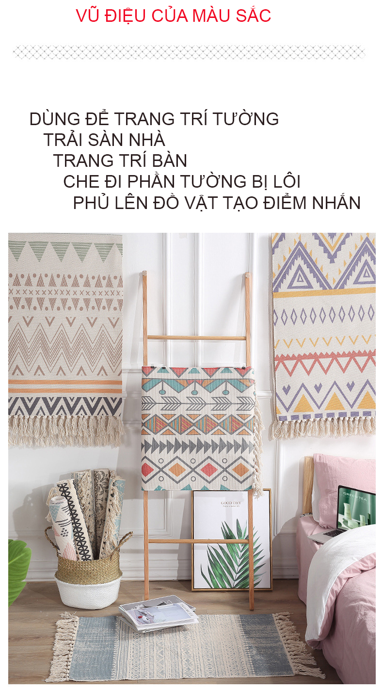 Thảm đa năng , Thảm dệt hoạ tiết thổ cẩm trang trí phòng phong cách vintage nhiều kích thước