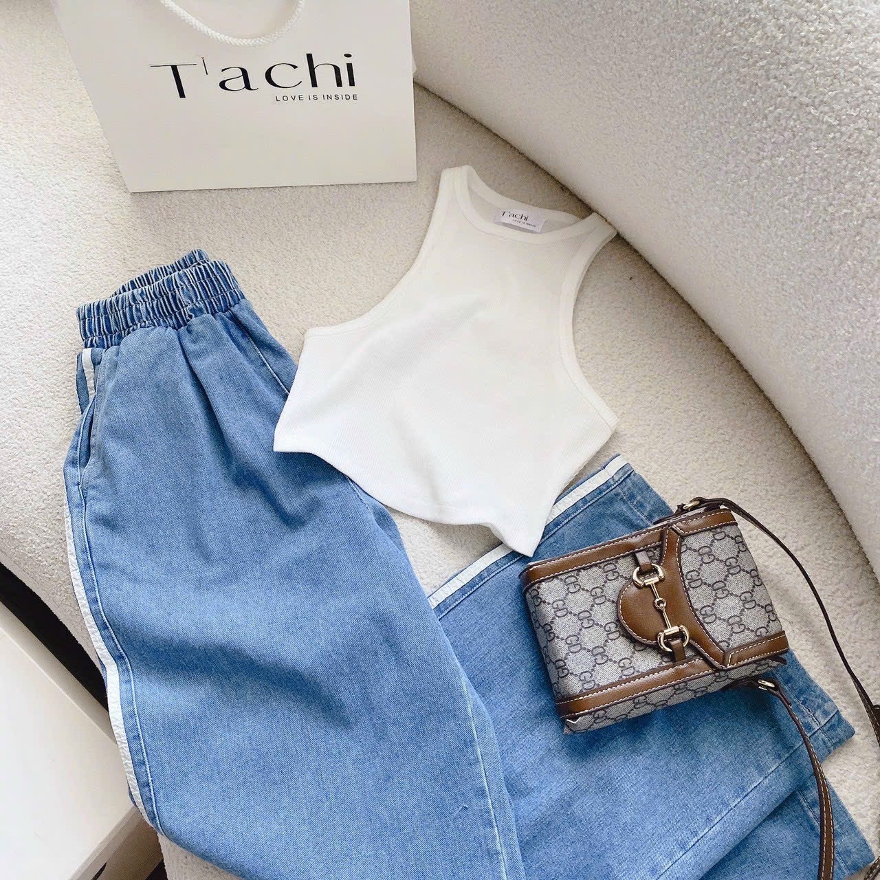 SET QUẦN JEANS ỐNG RỘNG LƯNG THUN CAO DÀI DENIM + ÁO THUN 3 LỖ TRẮNG TRƠN CƠ BẢN BASIC DẠO PHỐ ĐI CHƠI ĐI BIỂN ĐI TIỆC