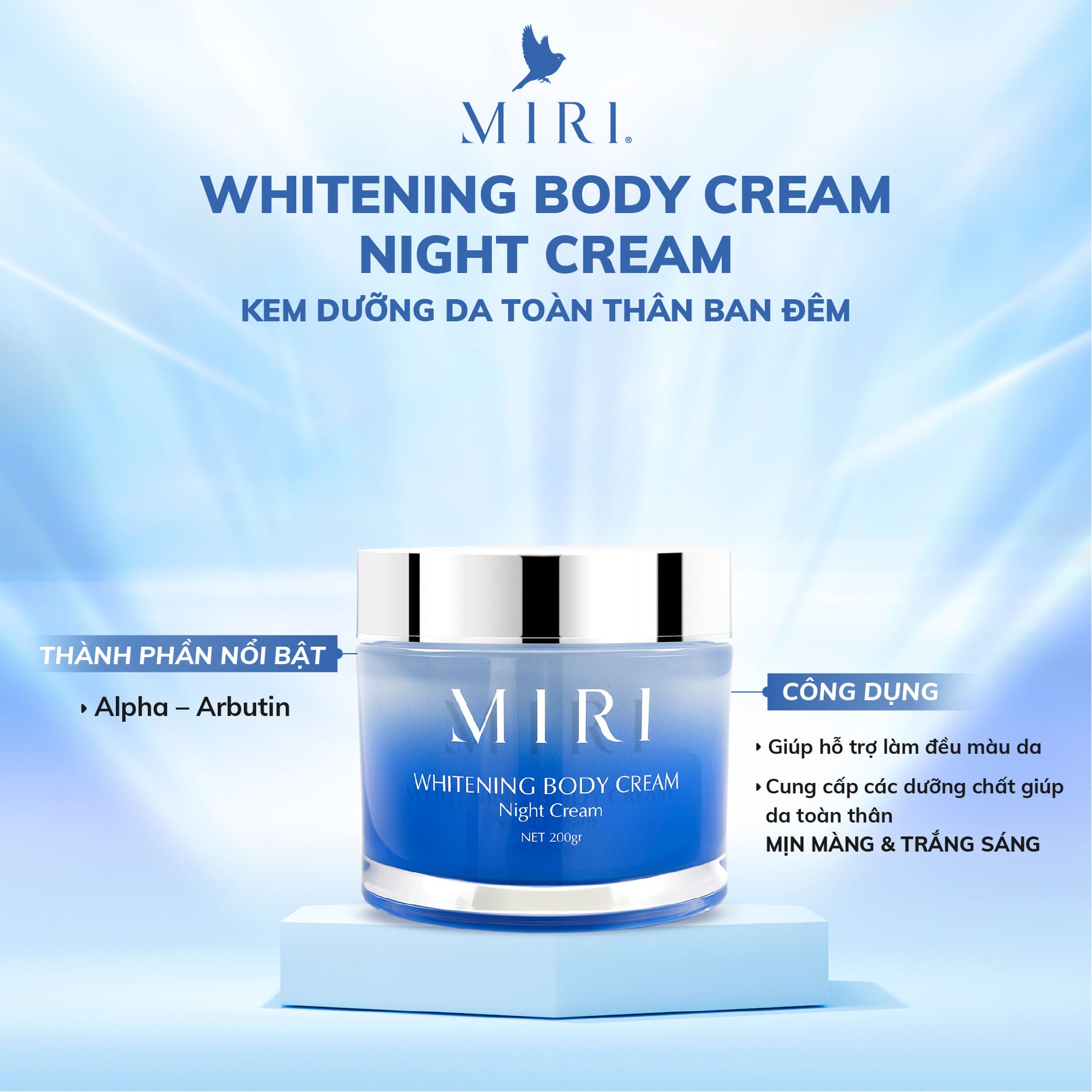 BỘ ĐÔI DA TRẮNG DÁNG XINH: Whitening Body Cream - Night Cream MIRI 200gram &amp; Skin Firming Cream MIRI 150gram