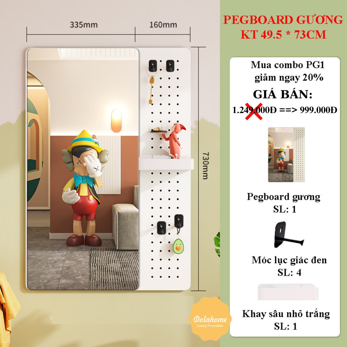 Bảng lỗ Pegboard treo tường tích hợp gương soi Dola Home kim loại cao cấp tiện dụng và trang trí nội thất