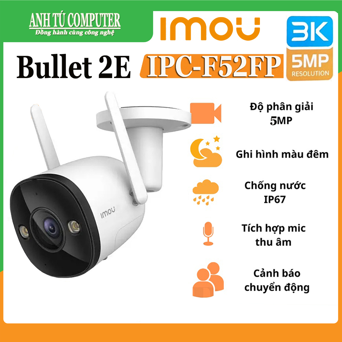 Camera IP Wifi 5MP 3K ngoài trời IMOU BULLET 2E F52FP hàng chính hãng