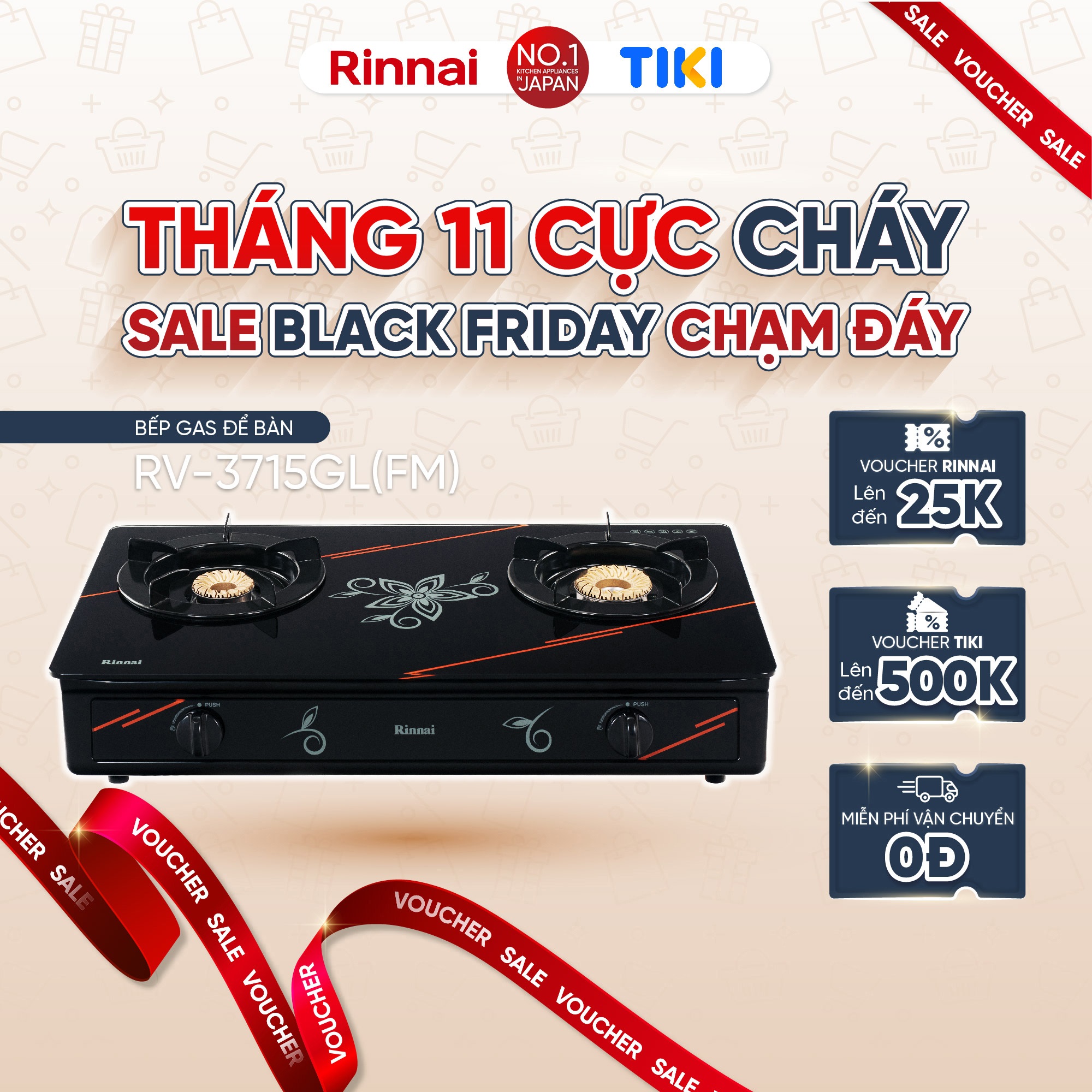 Bếp gas dương Rinnai RV-3715GL(FM) mặt bếp kính và kiềng bếp men - Hàng chính hãng.