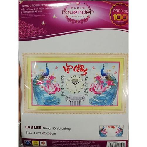 Tranh thêu vợ chồng công hoa sen đồng hồ LV3155 - kích thước: 62 * 35cm. (TRANH CHƯA LÀM)