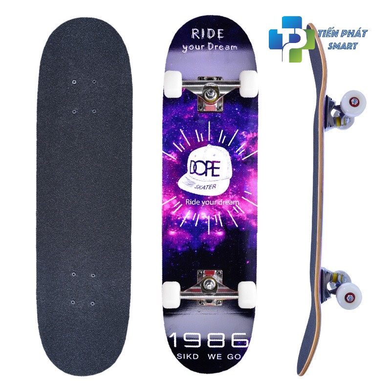 VÁN TRƯỢT SKATEBOARD HÌNH MŨ DOPE,ĐỒ CHƠI VÁN TRƯỢT THỂ THAO CÓ ĐÈN LED VÀ KHÔNG CÓ ĐÈN,VÁN TRƯỢT MẶT NHÁM CHỐNG TRƠN TRƯỢT SIZE LỚN 80 x 20CM, BÁNH CAO SU PU, Mặt Ván gỗ  9 lớp chuẩn thi đấu