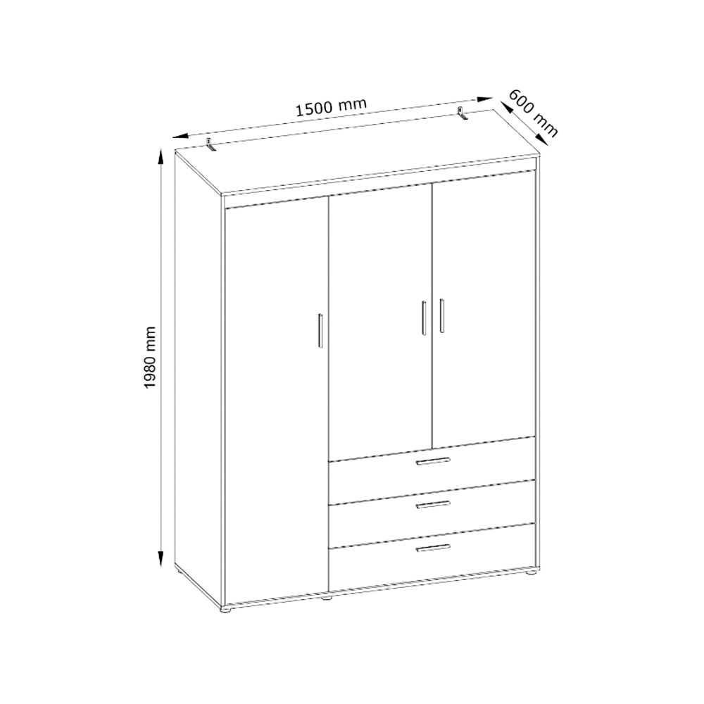 Tủ quần áo | JYSK Birkkelse | 3 cánh gỗ công nghiệp màu trắng/sồi | 150x198x60cm