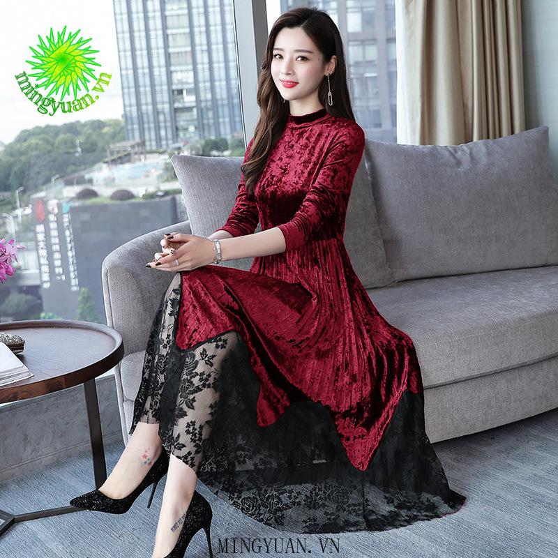 Đầm Nhung Phối Ren Dài Tay Phong Cách Thanh Lịch Dành Cho Nữ