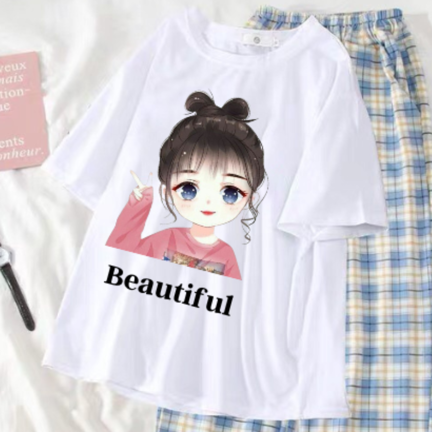 Sét Bộ Nữ SS08, Sét Đồ Nữ Đi Chơi Đẹp In Hình Cô Gái Nơ Đỏ Dễ Thương, Sét Áo Vải Cotton Và Quần Kẻ Màu Cá Tính