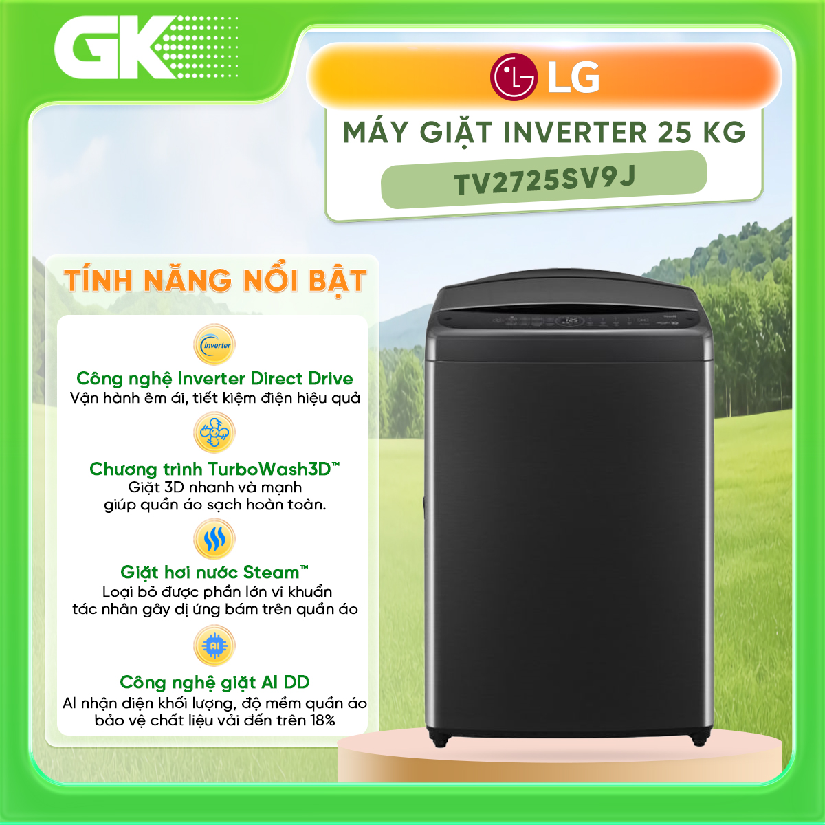 TV2725SV9J  - Máy giặt LG AI DD Inverter 25 kg TV2725SV9J - Hàng Chính Hãng - Chỉ Giao Hồ Chí Minh
