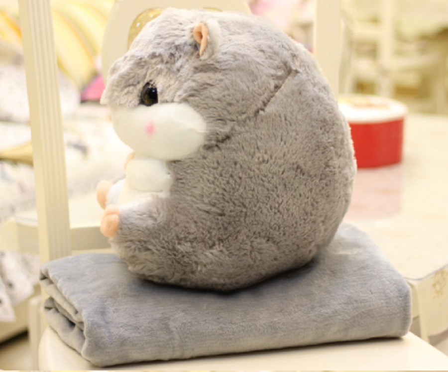 Bộ chăn gối chuột hamster lông xù size lớn 50cm (Xám)