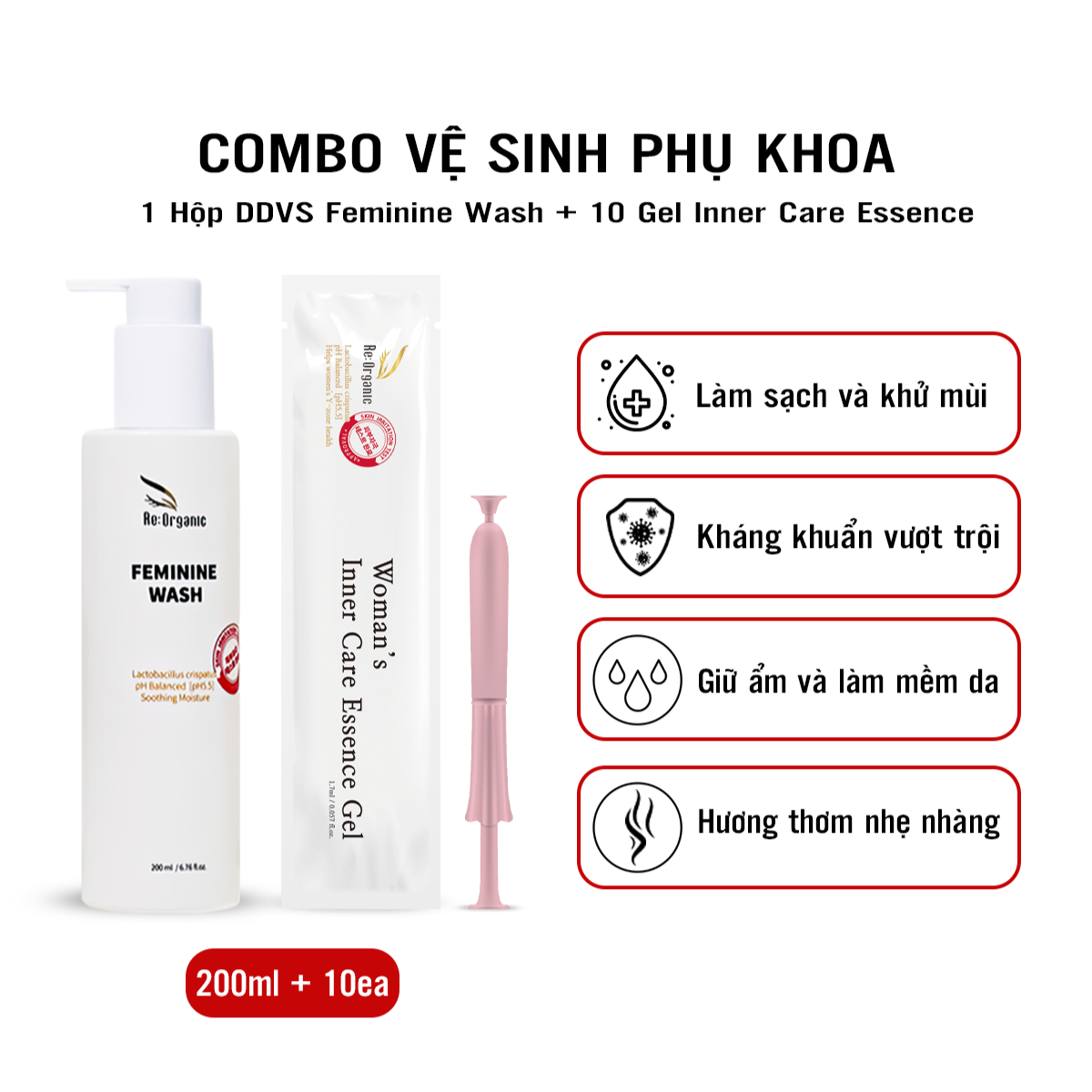 Combo dung dịch vệ sinh chăm sóc phụ khoa Re:Organic Feminine Wash 200ml, Gel đũa thần phụ khoa Woman's Inner Care Essence Gel