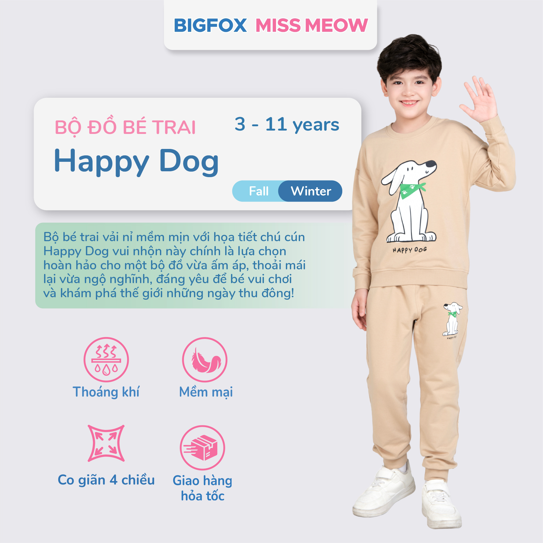 Bộ đồ dài tay cho bé trai size đại Bigfox Miss Meow mùa thu đông mặc nhà vải nỉ dày dặn cỡ 3-11 tuổi