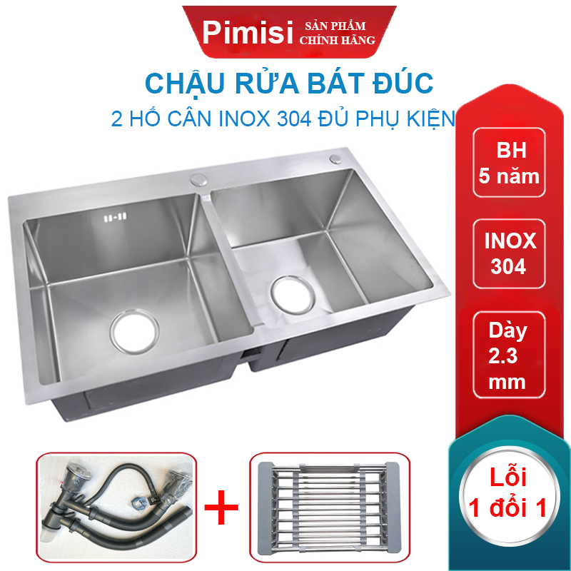 Chậu rửa bát chén inox 304 Pimisi đúc 2 hố cân, kích thước bồn rửa chén 78 x 43 - 82 x 45 cm làm từ thép không gỉ sus 304 đầy đủ xi phông loại to và kèm rổ đựng đồ dùng để rửa chén bát gắn được cả âm - dương bàn đá bếp | Hàng chính hãng