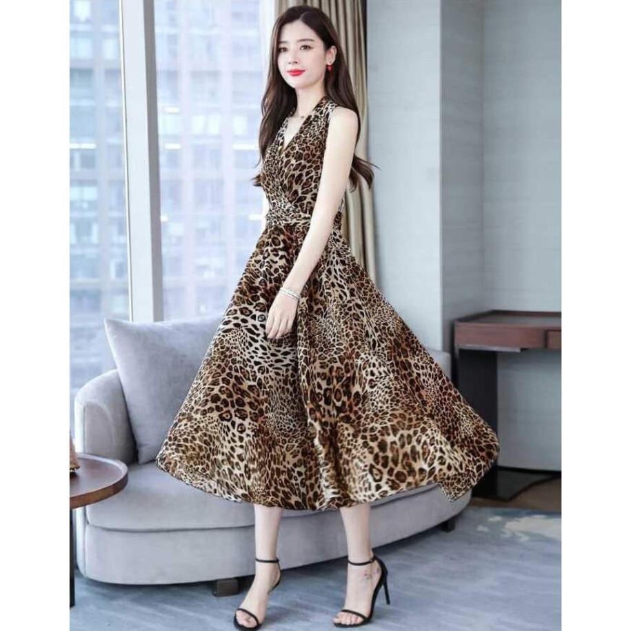 Đầm Xoè Da Báo Cổ Dắp Chéo - Váy Maxi Đi Biển, Đi Dạo Voan Lụa Nhập 2 Lớp Cho Nàng Yêu Kiều