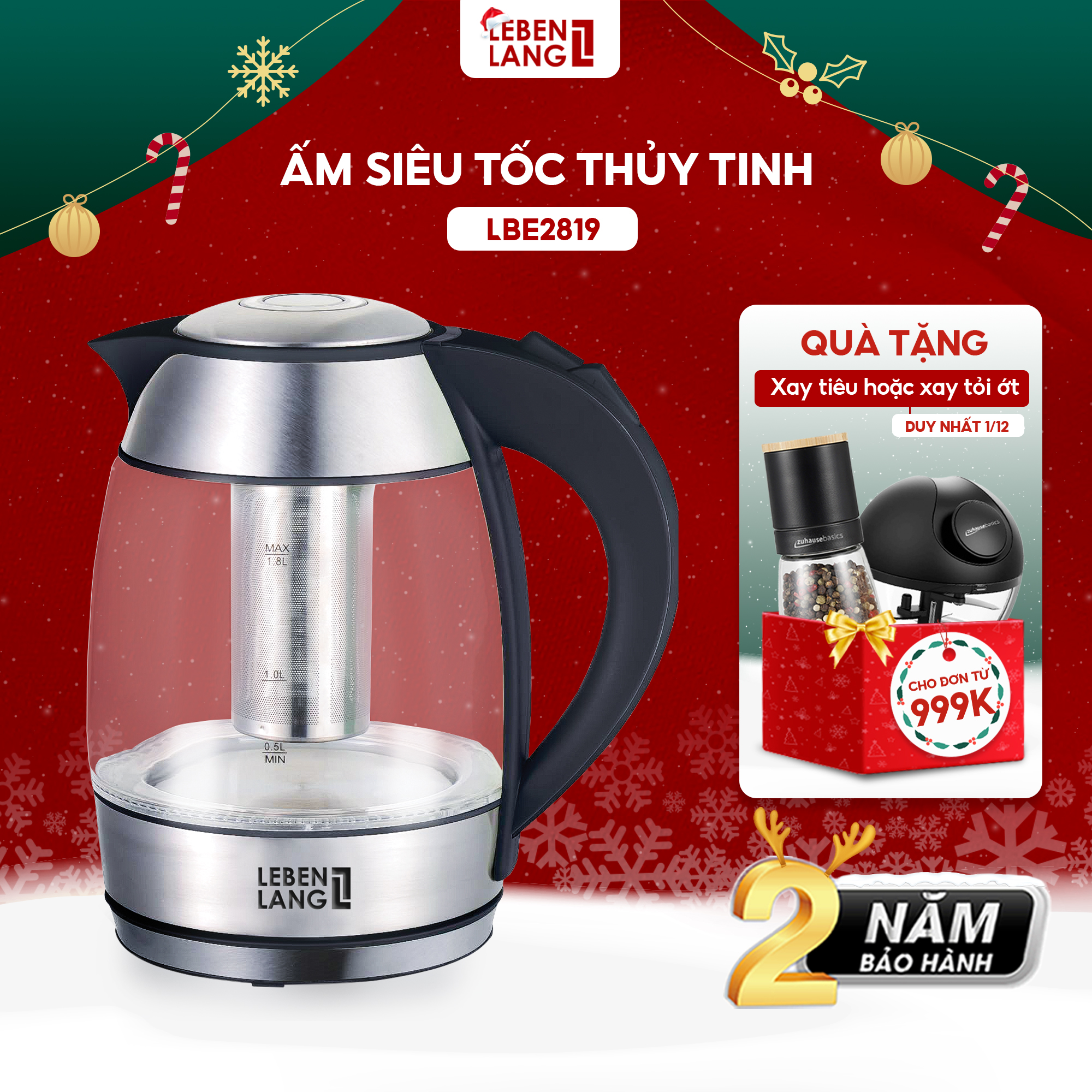 Ấm siêu tốc thuỷ tinh Lebenlang LBE2819, dung tích 1800ml, bảo hành 2 năm - hàng chính hãng