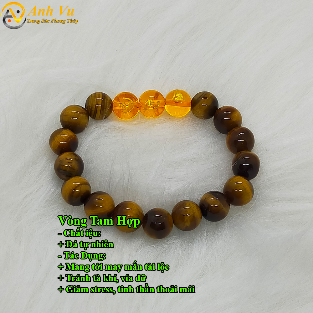 Vòng phong thủy đá mắt hổ vàng nâu tự nhiên - Vòng tam hợp quý nhân dần ngọ tuất - May mắn tài lộc bình an