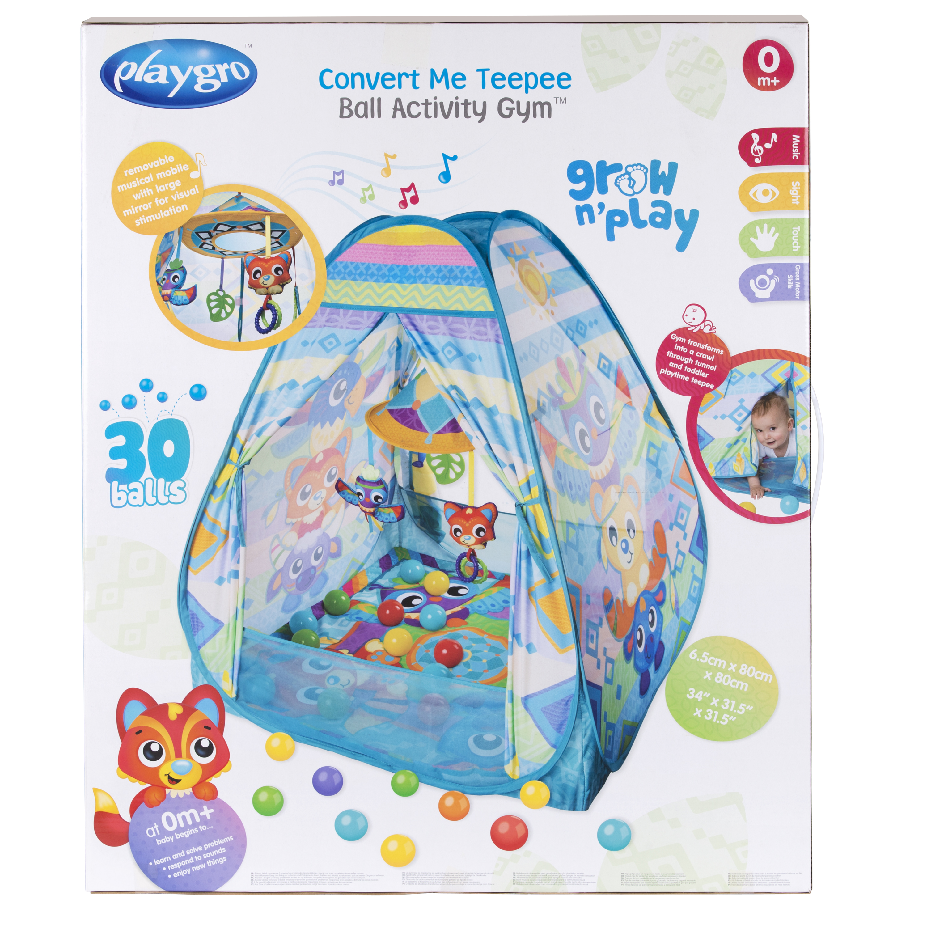 Lều banh có đồ chơi treo nôi Playgro Convert Me Teepee Ball Activity Gym, cho bé sơ sinh đến 24 tuổi