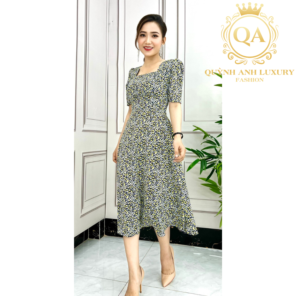 Đầm xoè nữ hoa xanh mặc hè