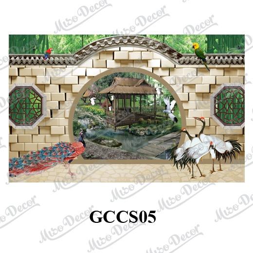 Tranh dán tường 3D cửa sổ giả cổ in decal PP