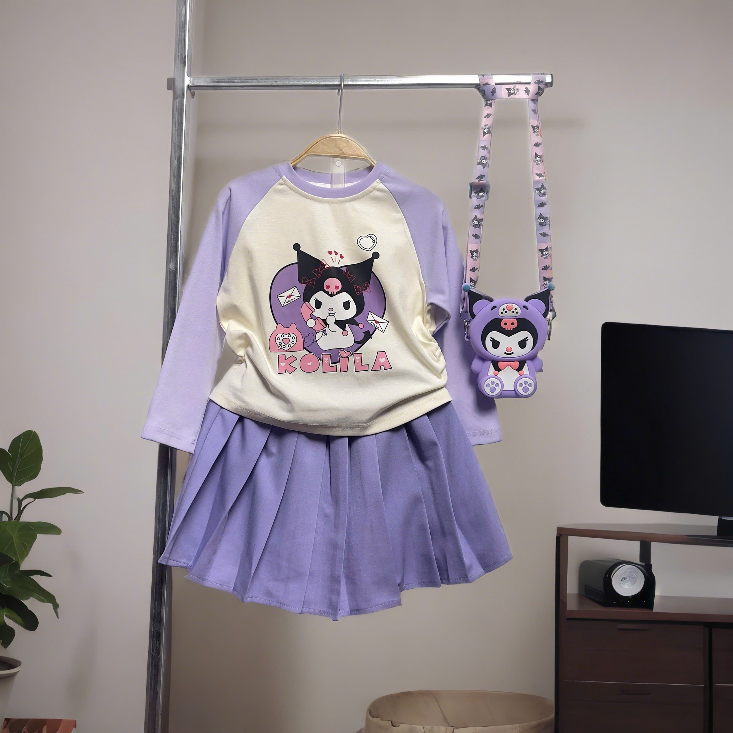 Set váy cho bé gái kèm túi 4-10 tuổi in hình và chữ Kuromi phong cách Hàn Quốc dáng thời trang