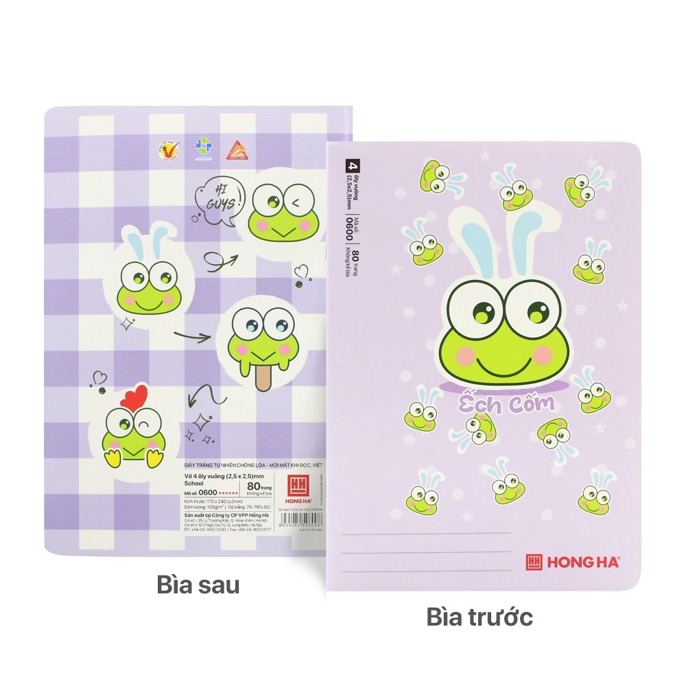 Lốc 5 Vở 4 ô ly Hồng Hà 80 trang School ẾCH CỐM 0600 - Định lượng 100gsm, Giấy trắng tự nhiên chống lóa