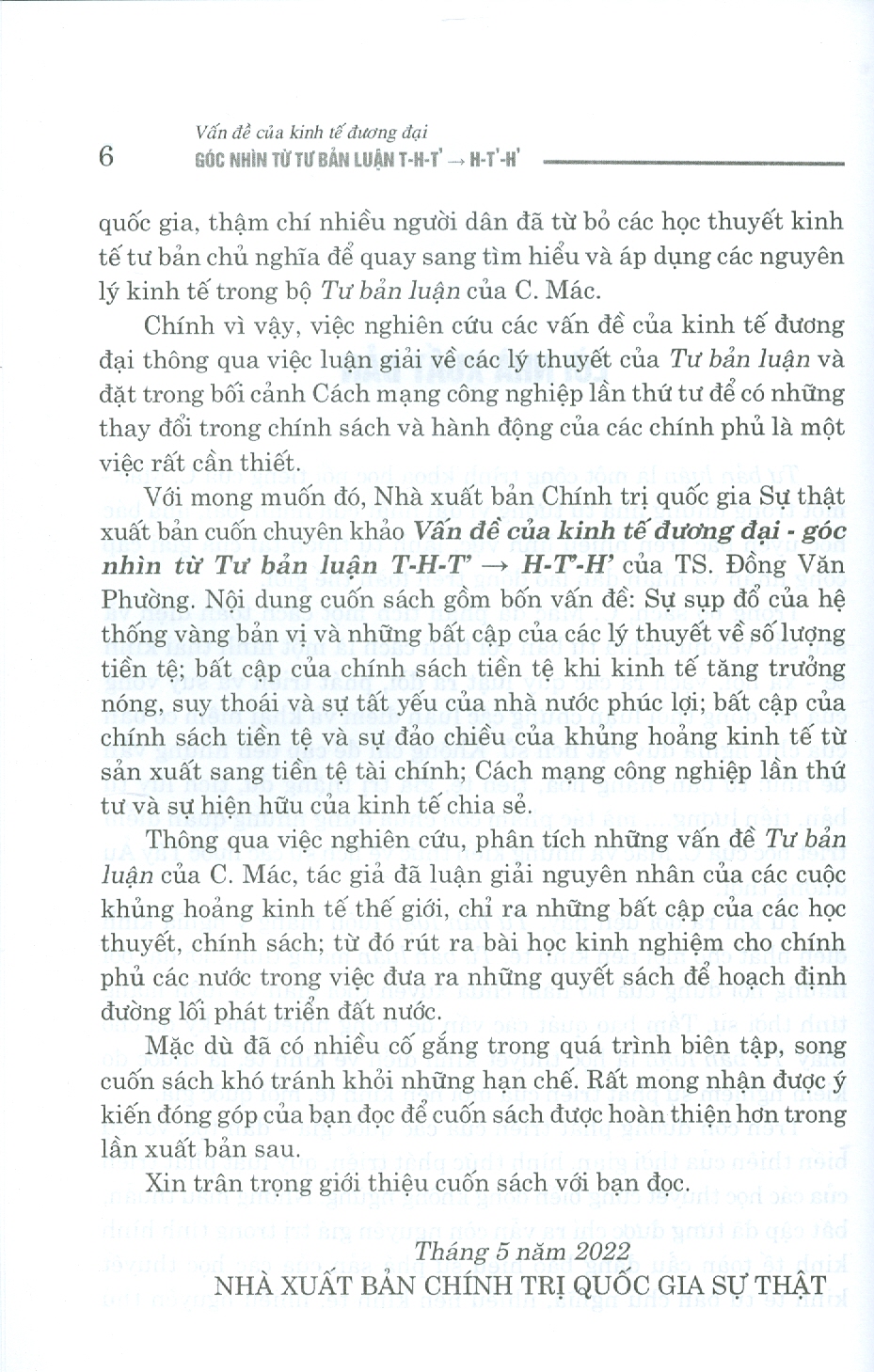 Vấn Đề Của Kinh Tế Đương Đại Góc Nhìn Từ TƯ BẢN LUẬN T - H - T' =&gt; H - T' - H' (Sách chuyên khảo)