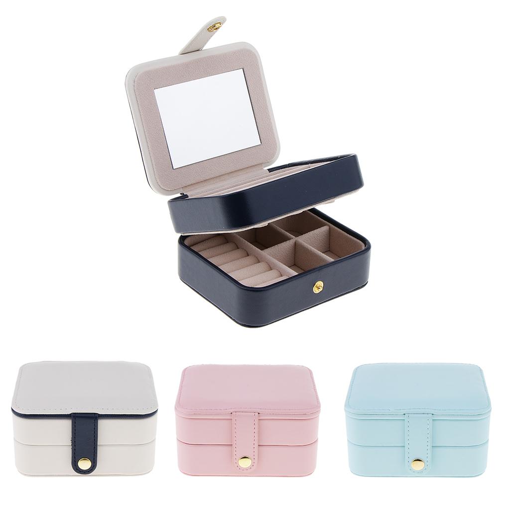Portable PU Leather Double Layer Travel Earrings Jewelry Box Storage with Mirror