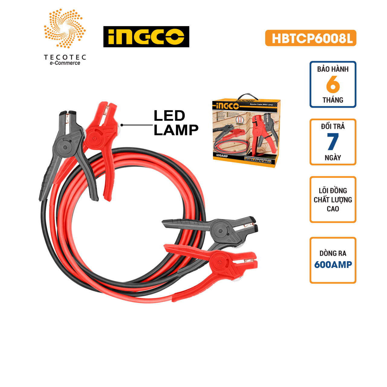 Dây cáp sạc bình có đèn INGCO HBTCP6008L