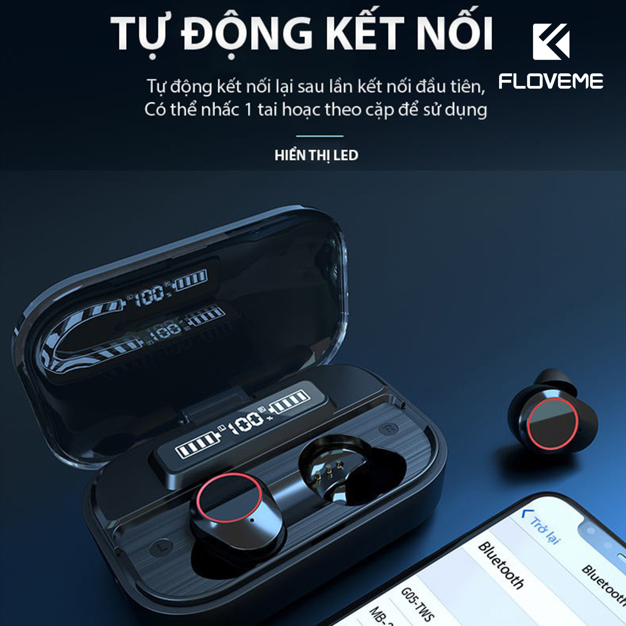 Tai nghe không dây Bluetooth kiêm Pin sạc dự phòng 2000mAh Floveme - G05 TWS - Kết nối nhanh - Mic đàm thoại siêu nhạy- Hàng Chính Hãng