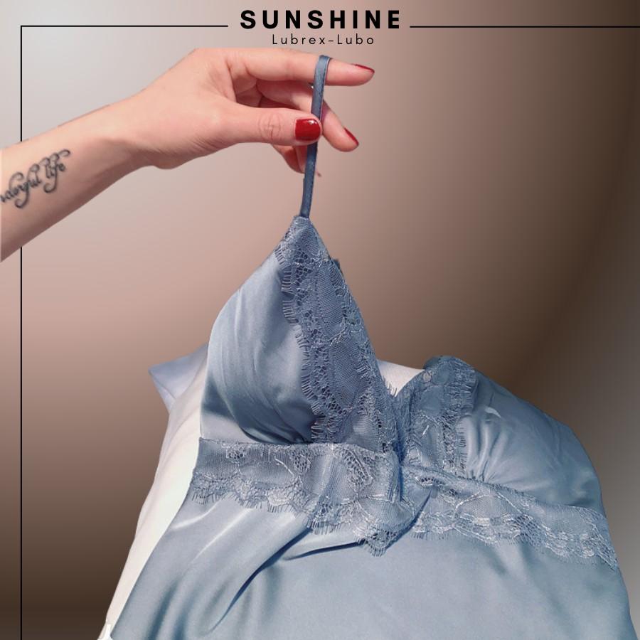 Váy Ngủ Lụa Kèm Áo Choàng Ngủ Lụa Cao Cấp CÓ MÚT NGỰC MÀU XANH SUNSHINE MNT560