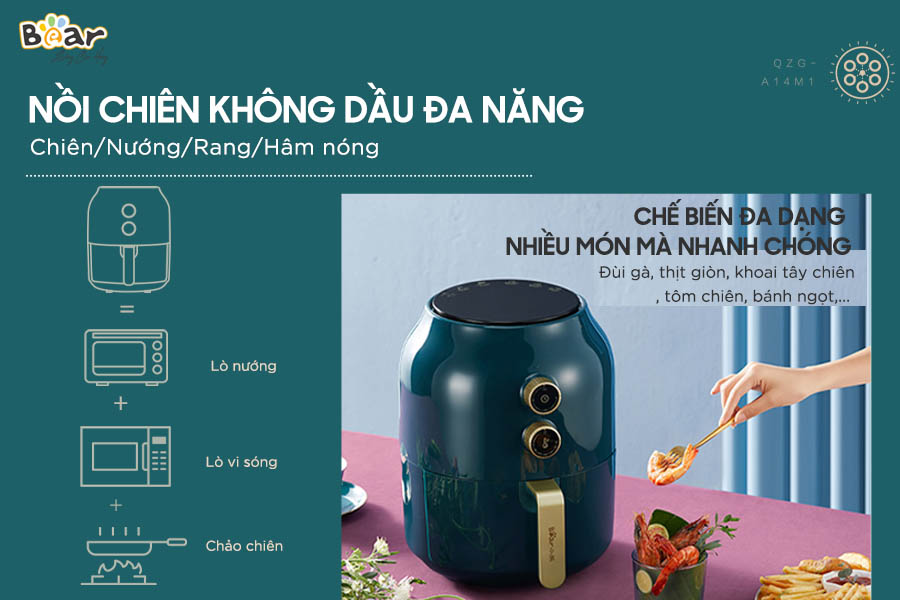 Nồi Chiên Không Dầu BEAR QZG-F15H1 Dung Tích 5 Lít Công Suất 1500 W - Hàng Nhập Khẩu