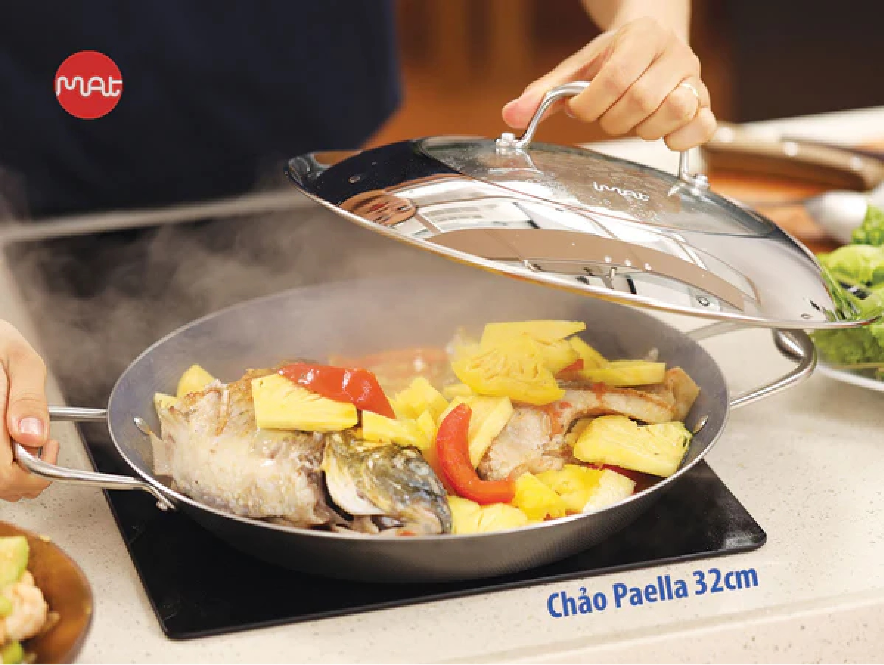 Chảo Paella iMat Hybrid 32cm màu xanh