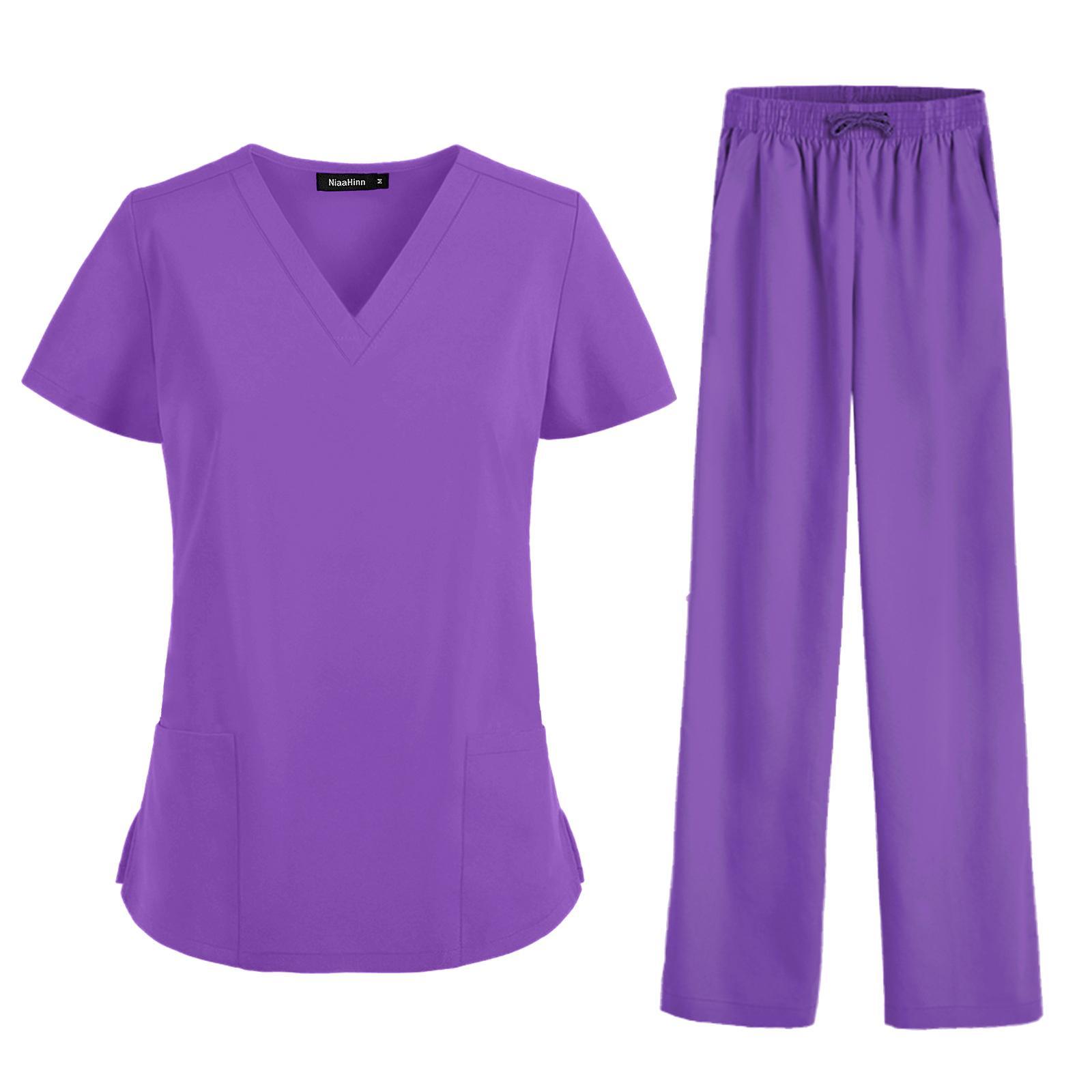 Nurse Work Uniforms Workwear Women's Scrub Set, Unisex with Pockets Breathable Hospital Uniform V Neck Scrub Top and Trousers