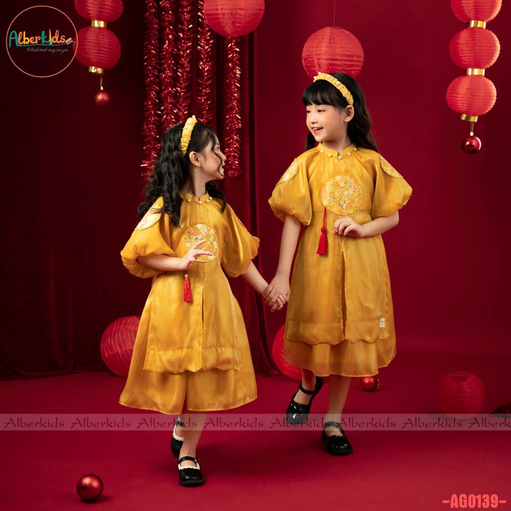Áo dài bé gái ALBERKIDS ĐỎ, VÀNG nhật nguyệt 2 lớp cho trẻ em 2,3,4,5,6,7,8,9,10,11,12 tuổi