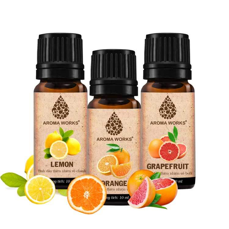 Combo 3 Tinh Dầu Nguyên Chất Aroma Works: Tinh Dầu Vỏ Cam (10ml) + Tinh Dầu Vỏ Chanh (10ml) + Tinh Dầu Vỏ Bưởi (10ml)