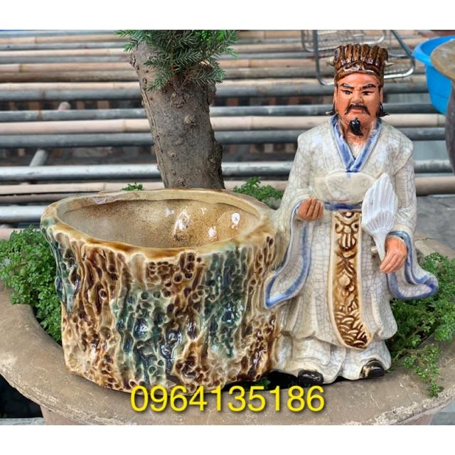 Tượng khổng minh men rạn h20cm bên chậu trồng cây gốm sứ Bát Tràng