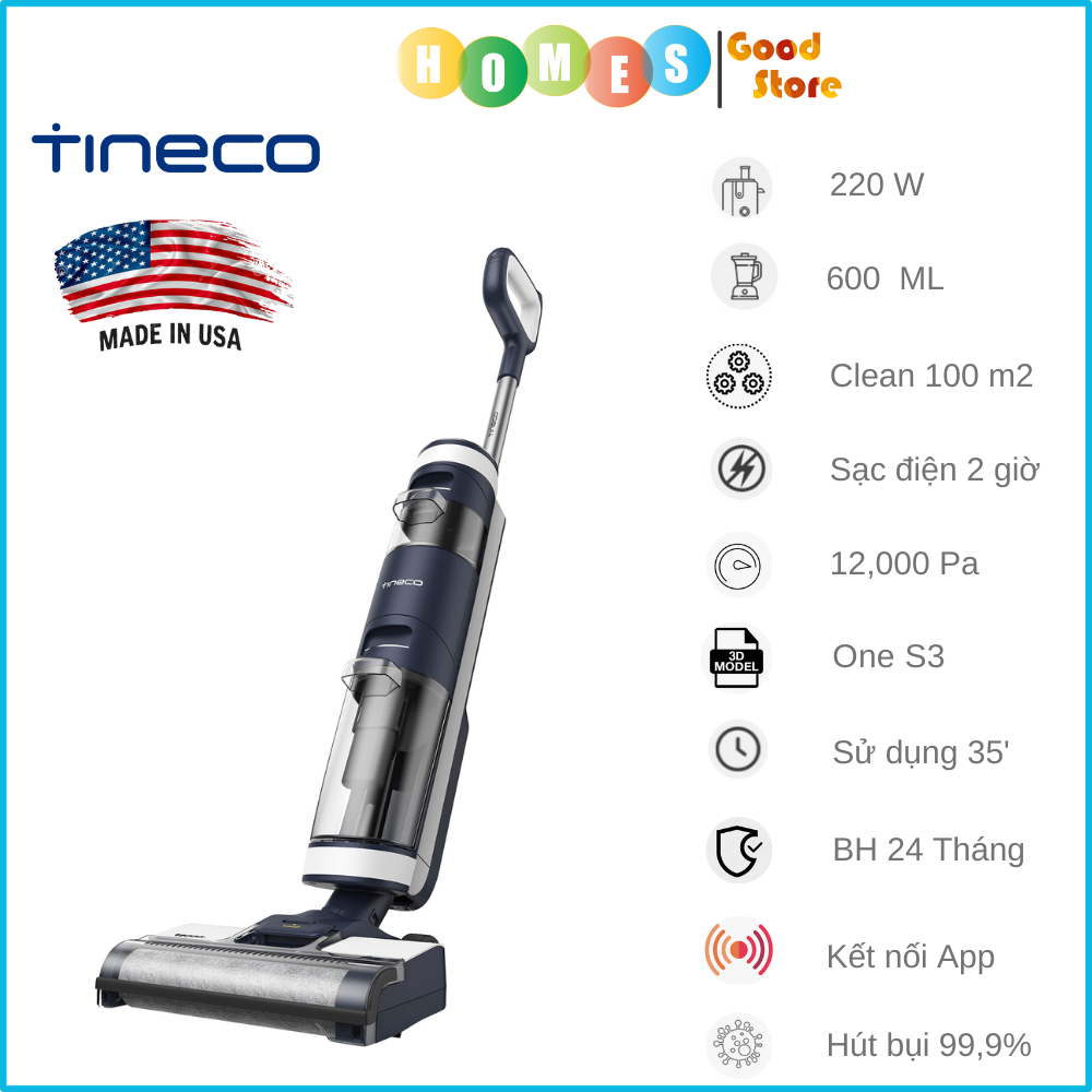 Máy Hút Bụi Lau Sàn Khô Uớt Tự Giặt Giẻ TINECO Floor One S3 Thương Hiệu Mỹ Lực Hút 12,000 Pa, Có Kết Nối App Theo Dõi, Công Suất 220 W - Hàng Chính Hãng - Bảo Hành 24 Tháng